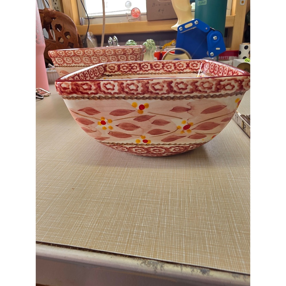 Temp-tations Old World Pink Cranberry Square Ceramic Nesting Serving Bowls - Picture 8 of 11